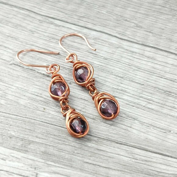 Copper Wire Glass Beaded Dangle Earrings, Boho Chic Artisan OOAK 2" - Picture 7 of 10